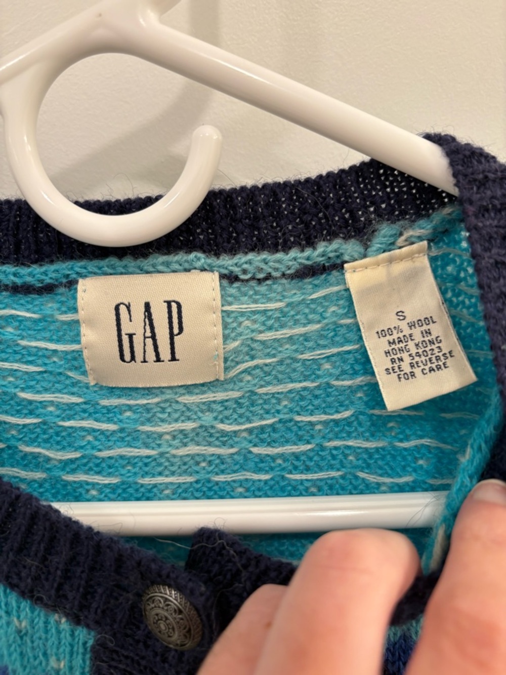 Vintage 90s Gap 100% Wool Blue Fair Isle Nordic Style Knit Cardigan Size Small - Picture 2 of 12